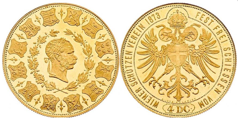 4 Dukaten 1873 Kolarsky-Neuprägung mit geripttem Rand